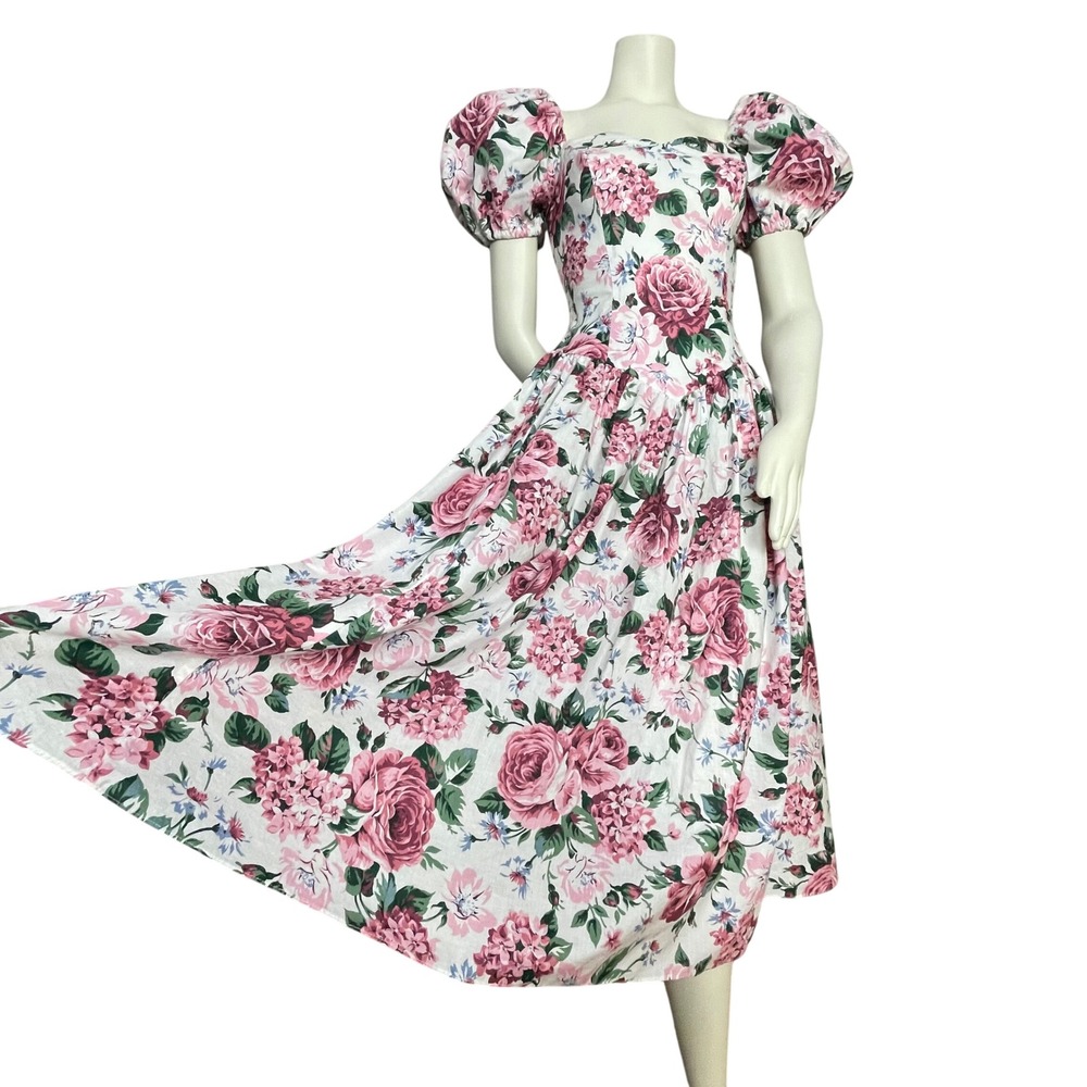 Vintage 90s Puff Sleeve Dress Basque Waist Midi White Pink Cotton Retro Cottage